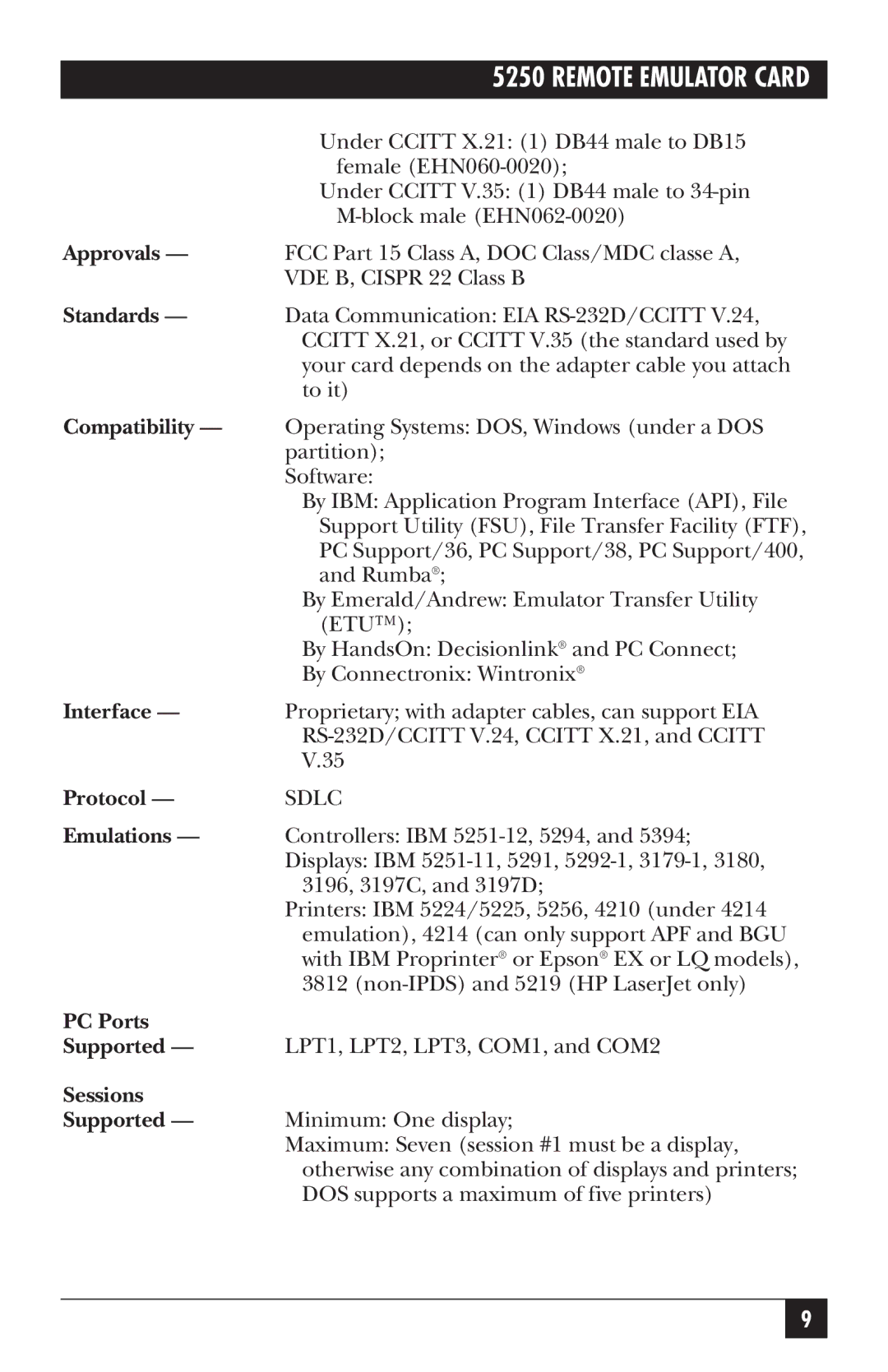 Black Box Remote Emulator Card, 5250 manual Sdlc 