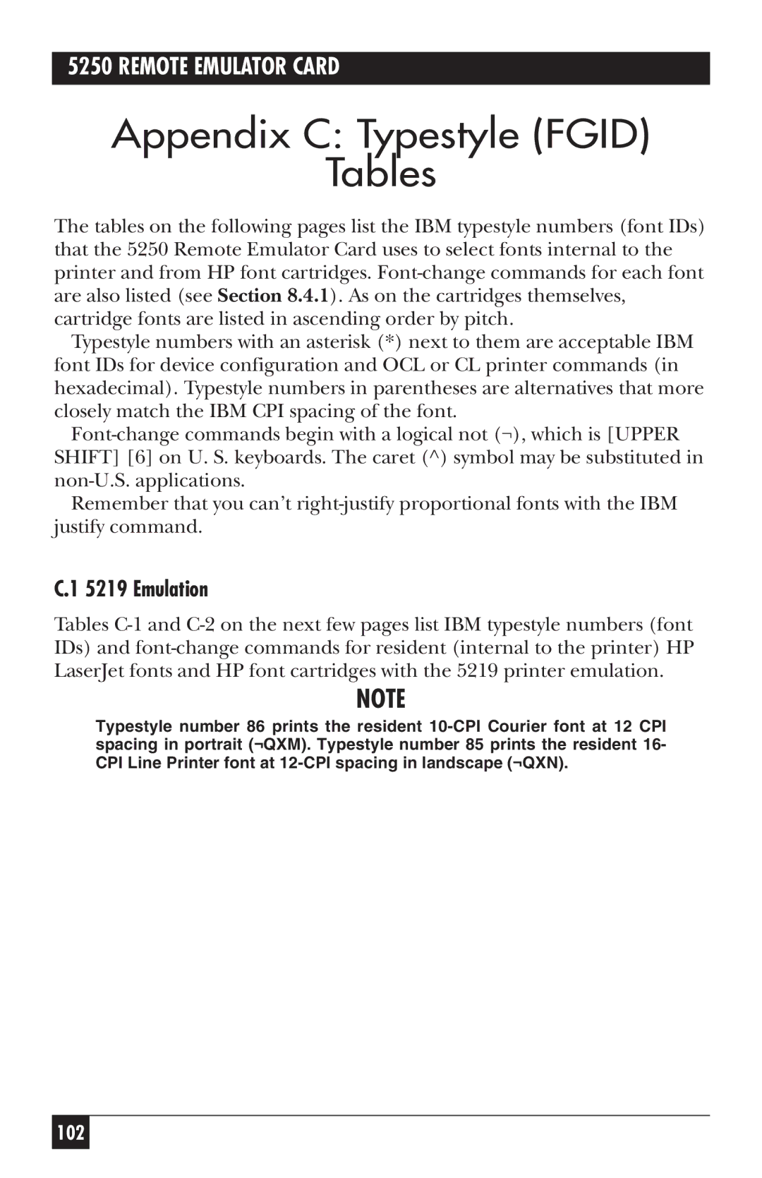 Black Box 5250, Remote Emulator Card manual Appendix C Typestyle Fgid Tables, Emulation 