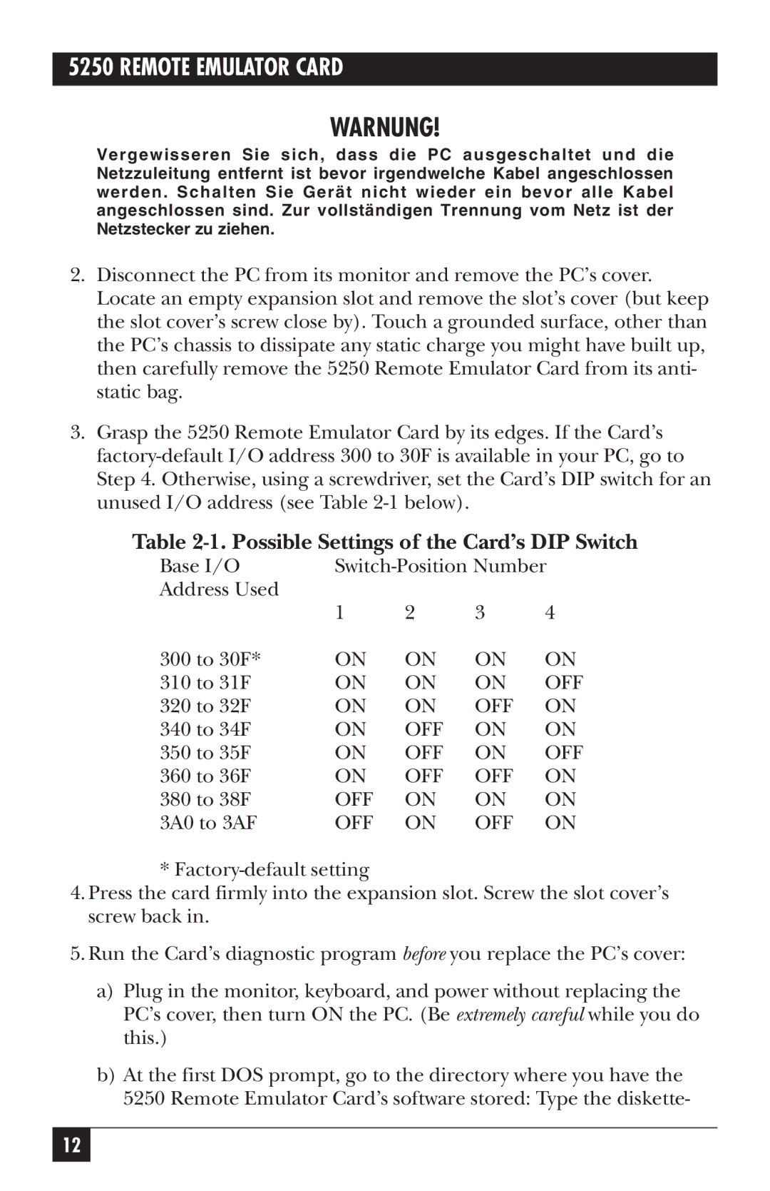 Black Box 5250, Remote Emulator Card manual Warnung, Possible Settings of the Card’s DIP Switch 