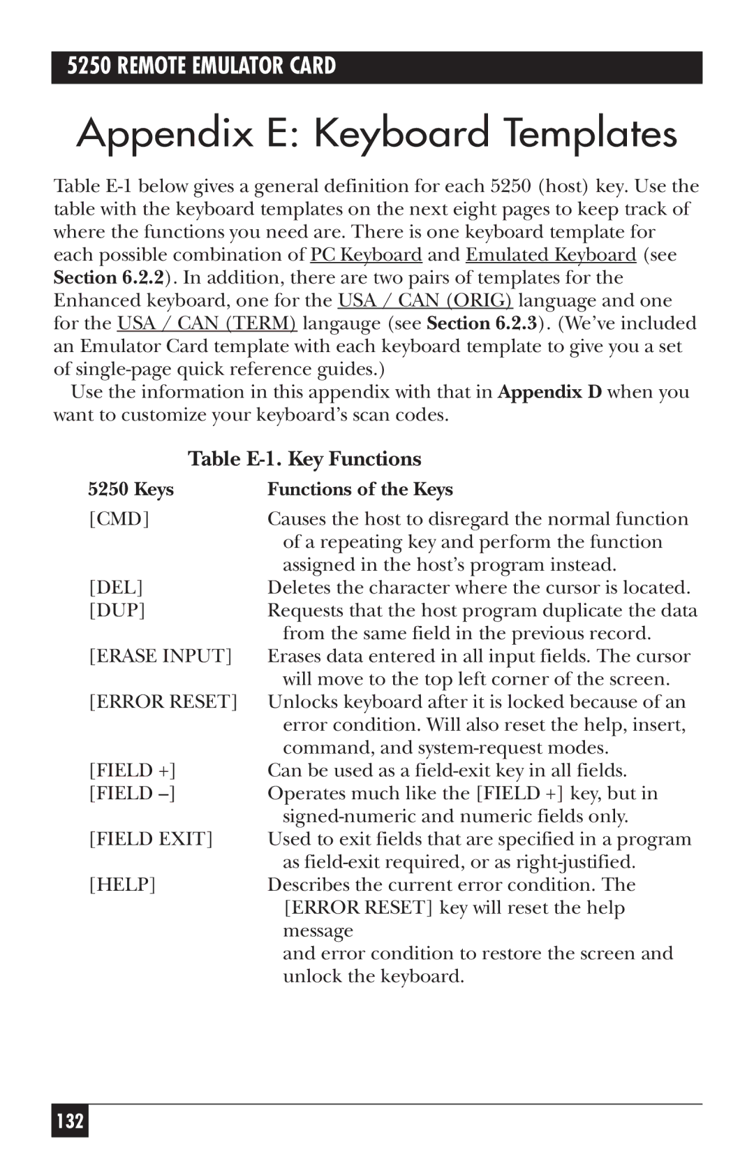 Black Box 5250, Remote Emulator Card Appendix E Keyboard Templates, Table E-1. Key Functions, Keys Functions of the Keys 