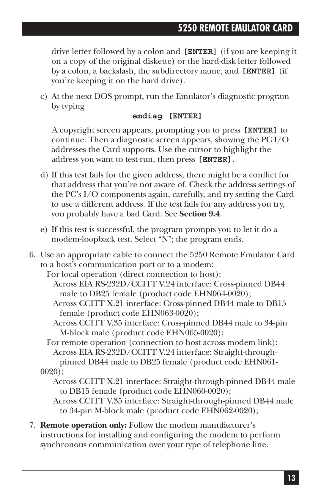 Black Box Remote Emulator Card, 5250 manual Emdiag Enter 
