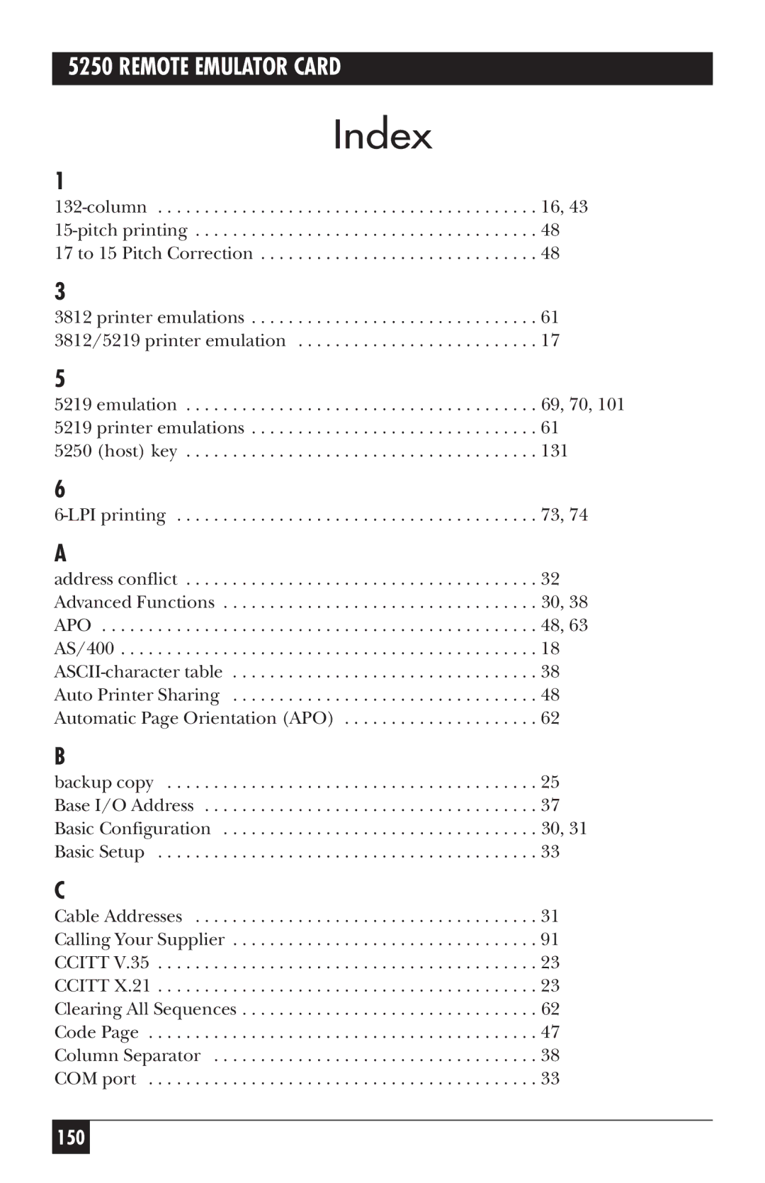 Black Box 5250, Remote Emulator Card manual Index 