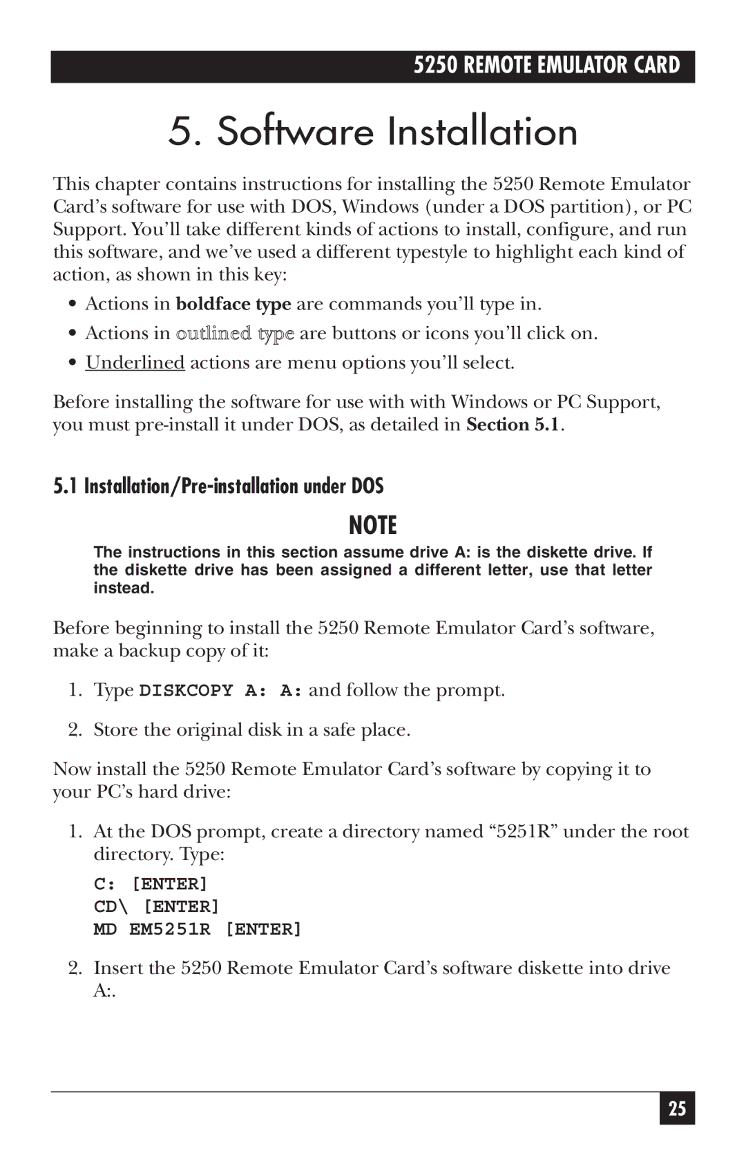 Black Box Remote Emulator Card, 5250 manual Software Installation, Installation/Pre-installation under DOS 