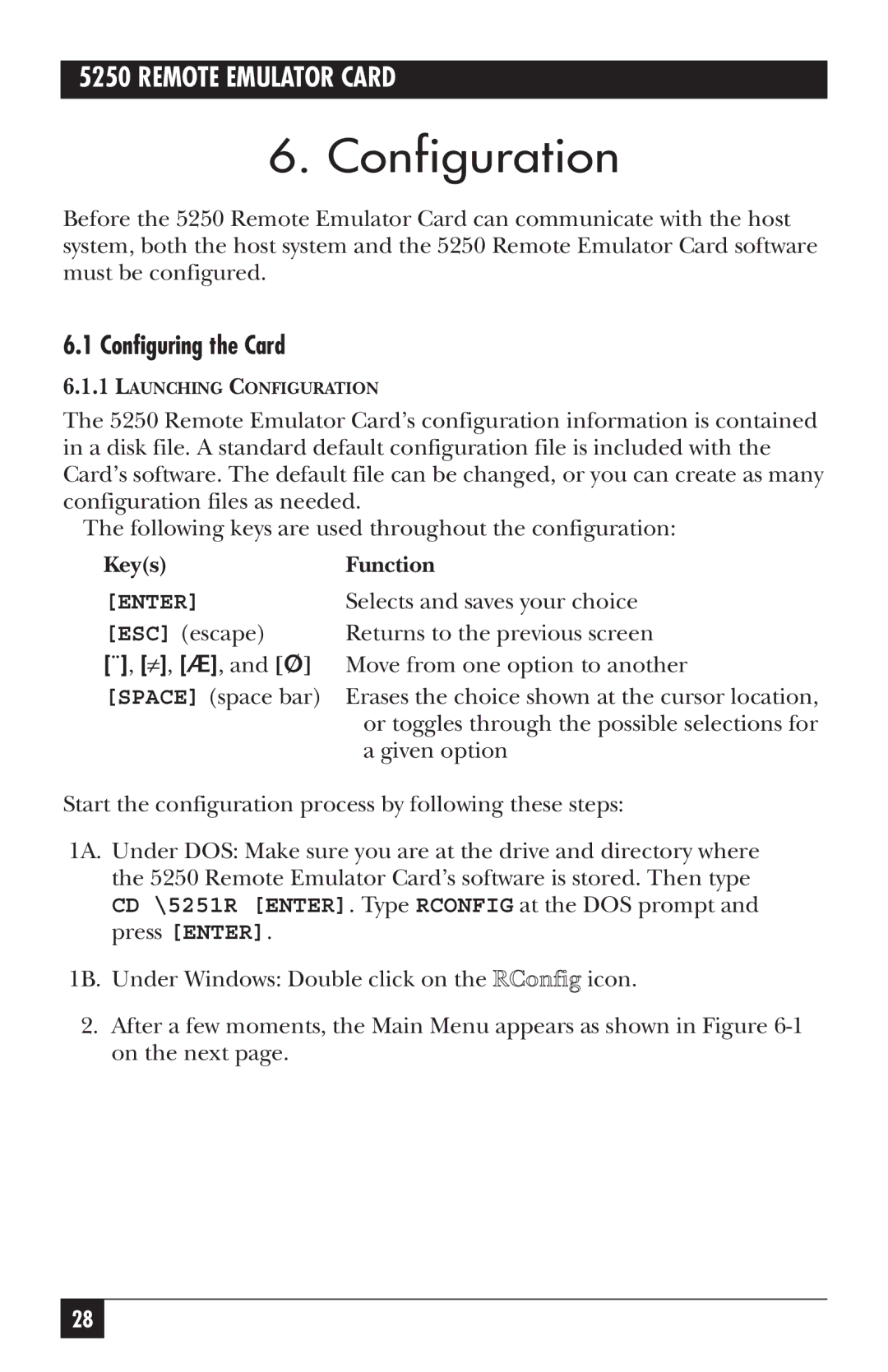 Black Box 5250, Remote Emulator Card manual Configuration, Configuring the Card, Keys Function 