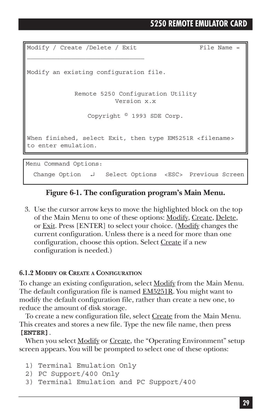 Black Box Remote Emulator Card, 5250 manual Configuration program’s Main Menu 