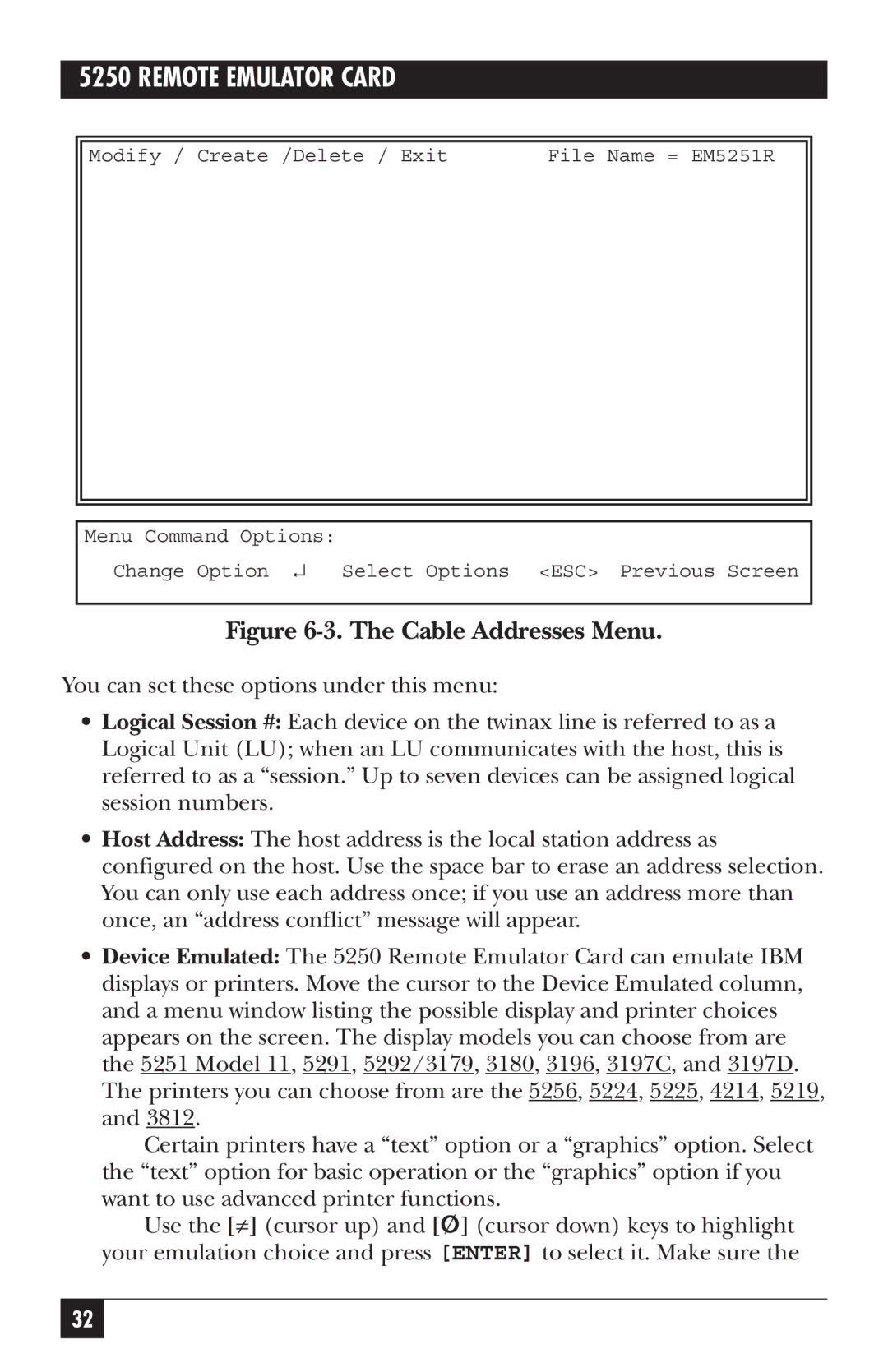 Black Box 5250, Remote Emulator Card manual Cable Addresses Menu 