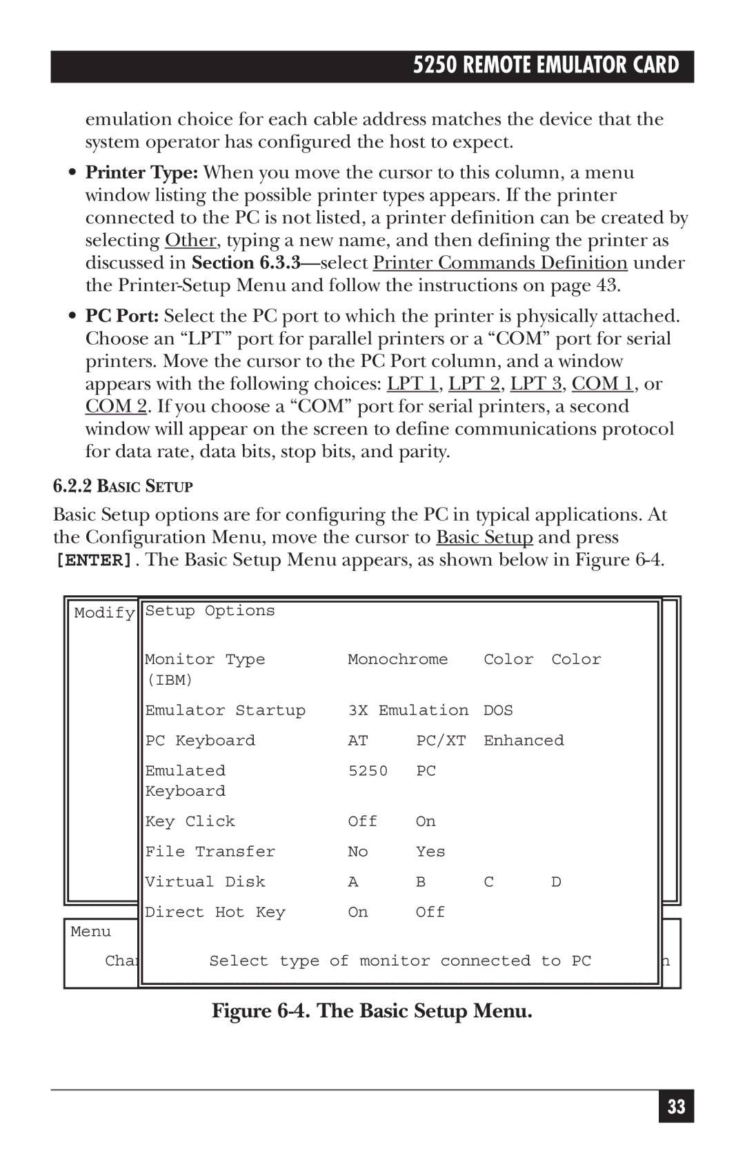 Black Box Remote Emulator Card, 5250 manual Basic Setup Menu 