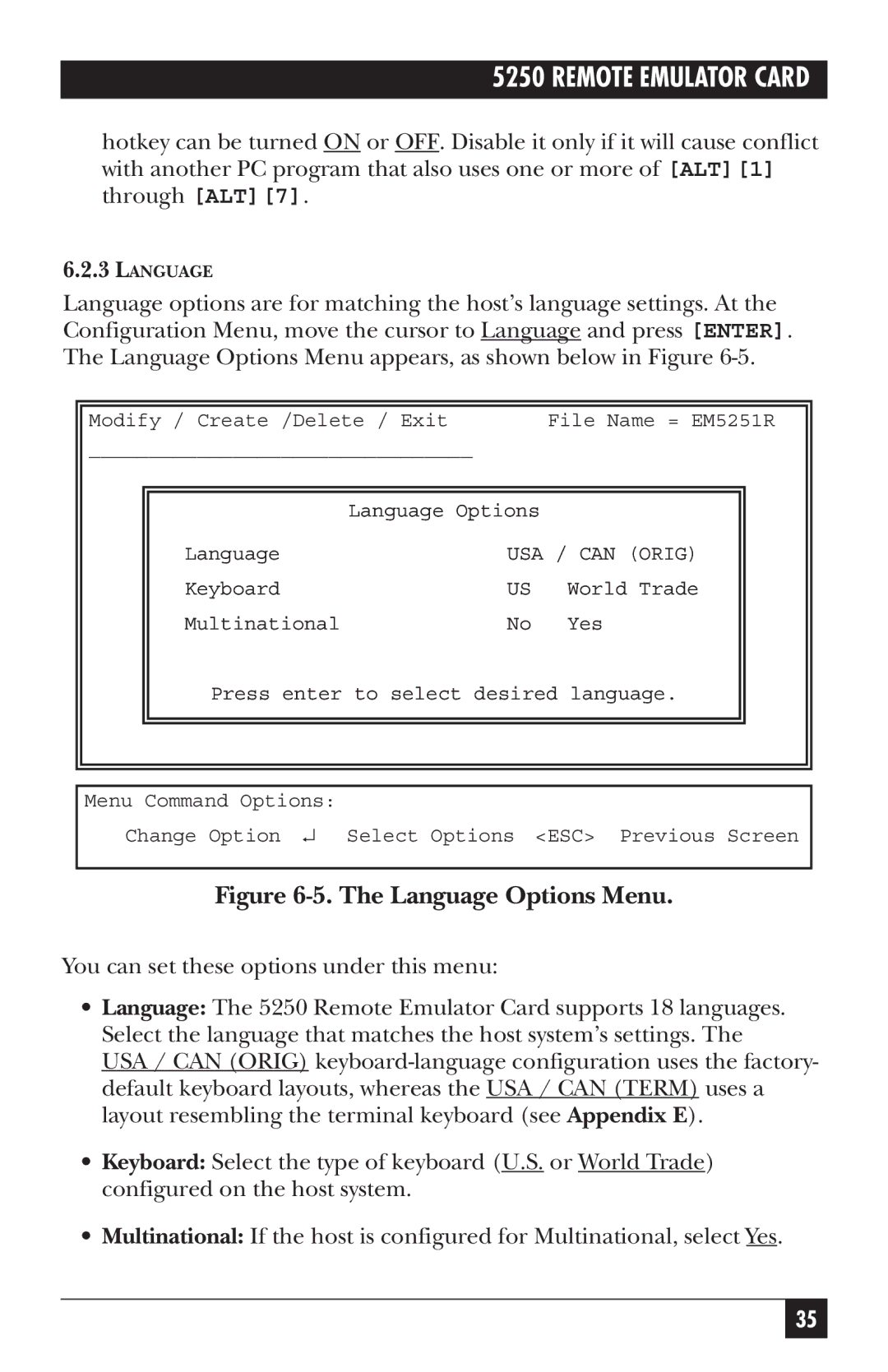 Black Box Remote Emulator Card, 5250 manual Language Options Menu 