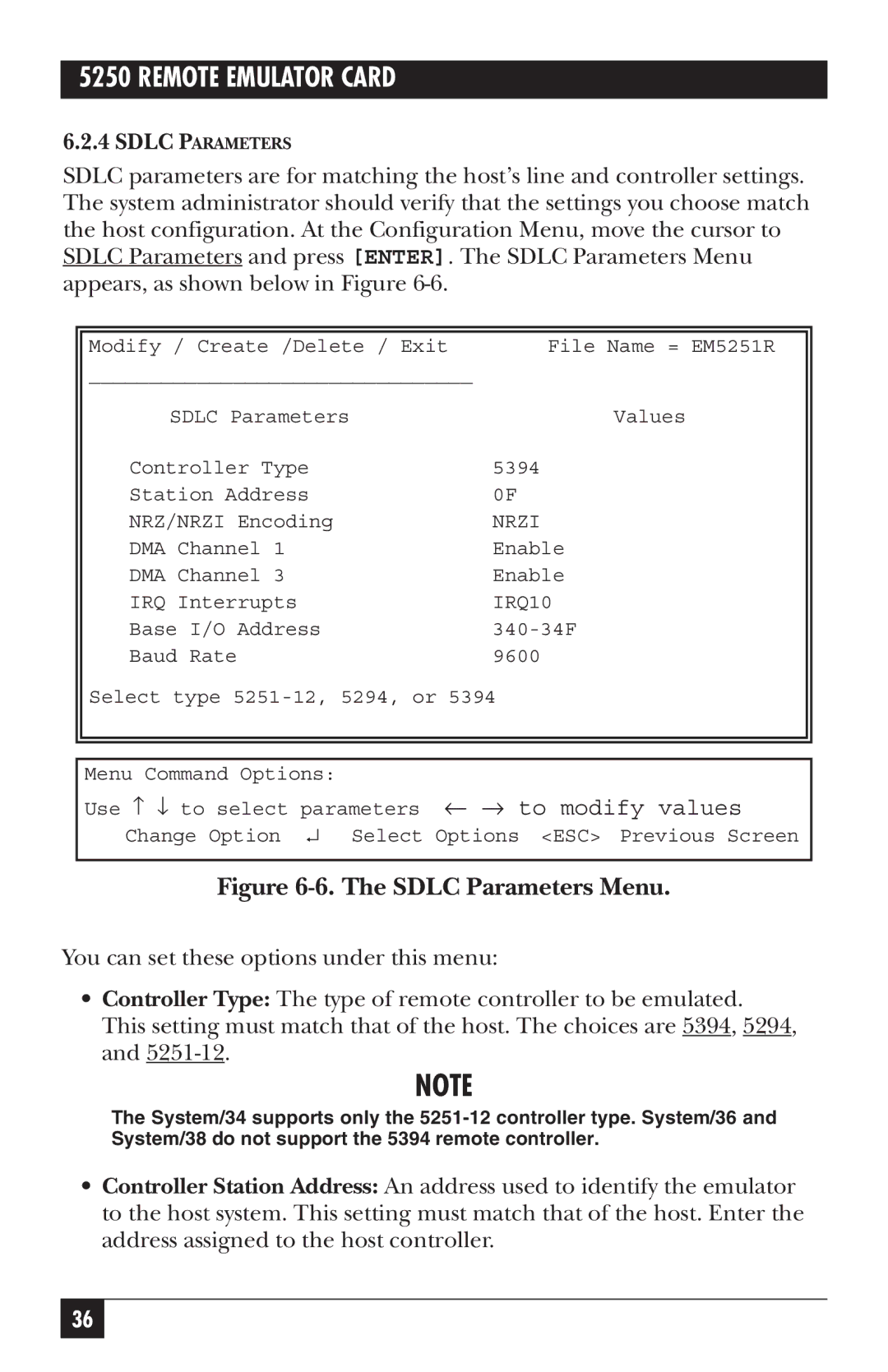 Black Box 5250, Remote Emulator Card manual Sdlc Parameters Menu 