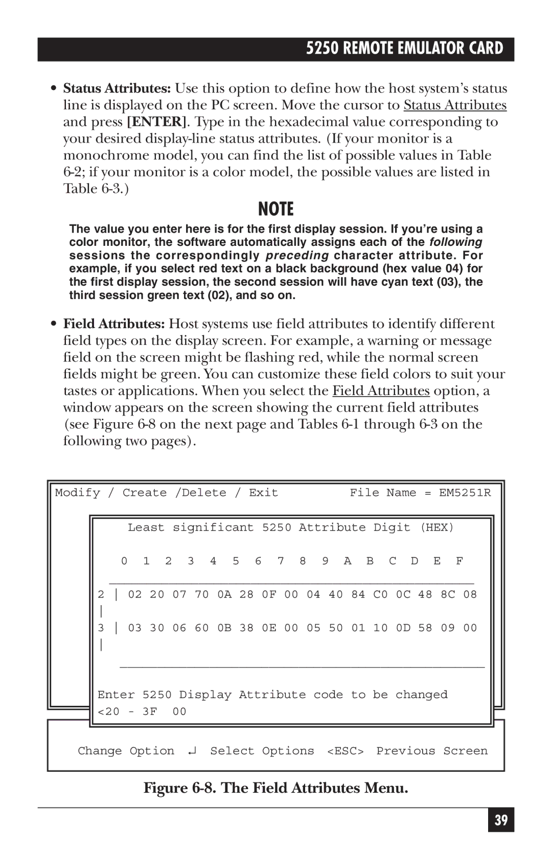 Black Box Remote Emulator Card, 5250 manual Field Attributes Menu 