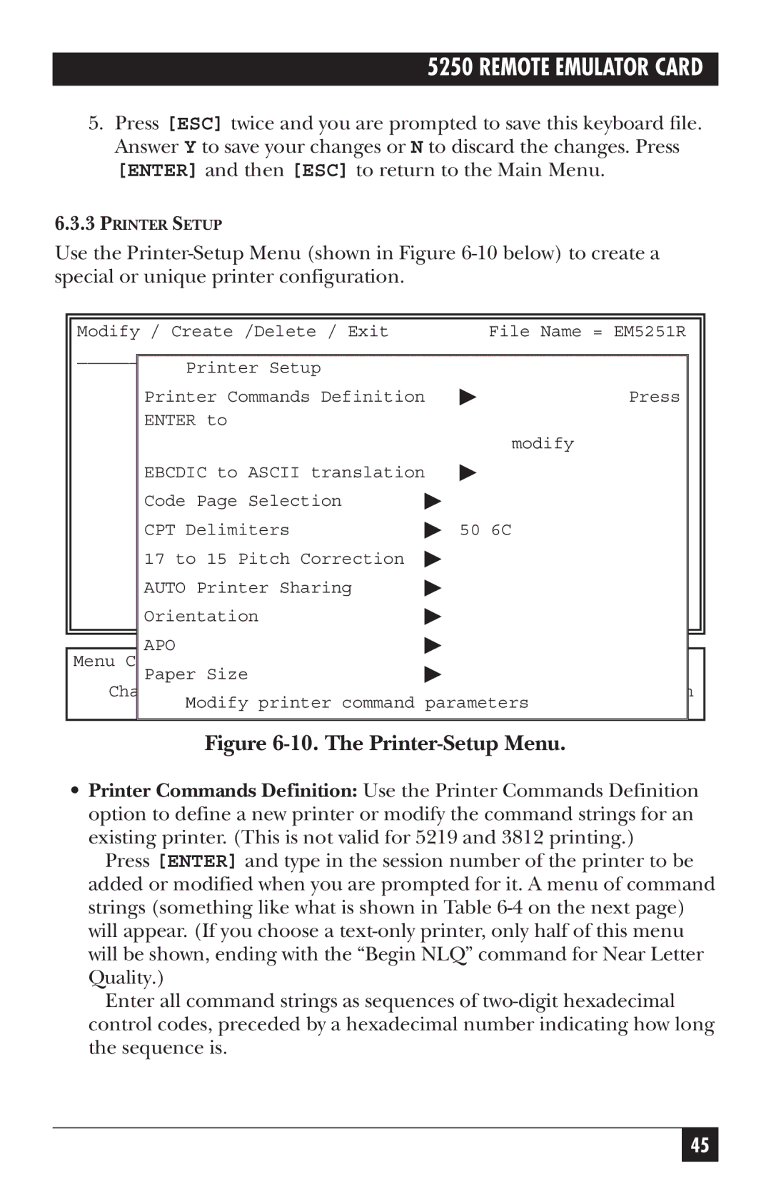 Black Box Remote Emulator Card, 5250 manual The Printer-Setup Menu 