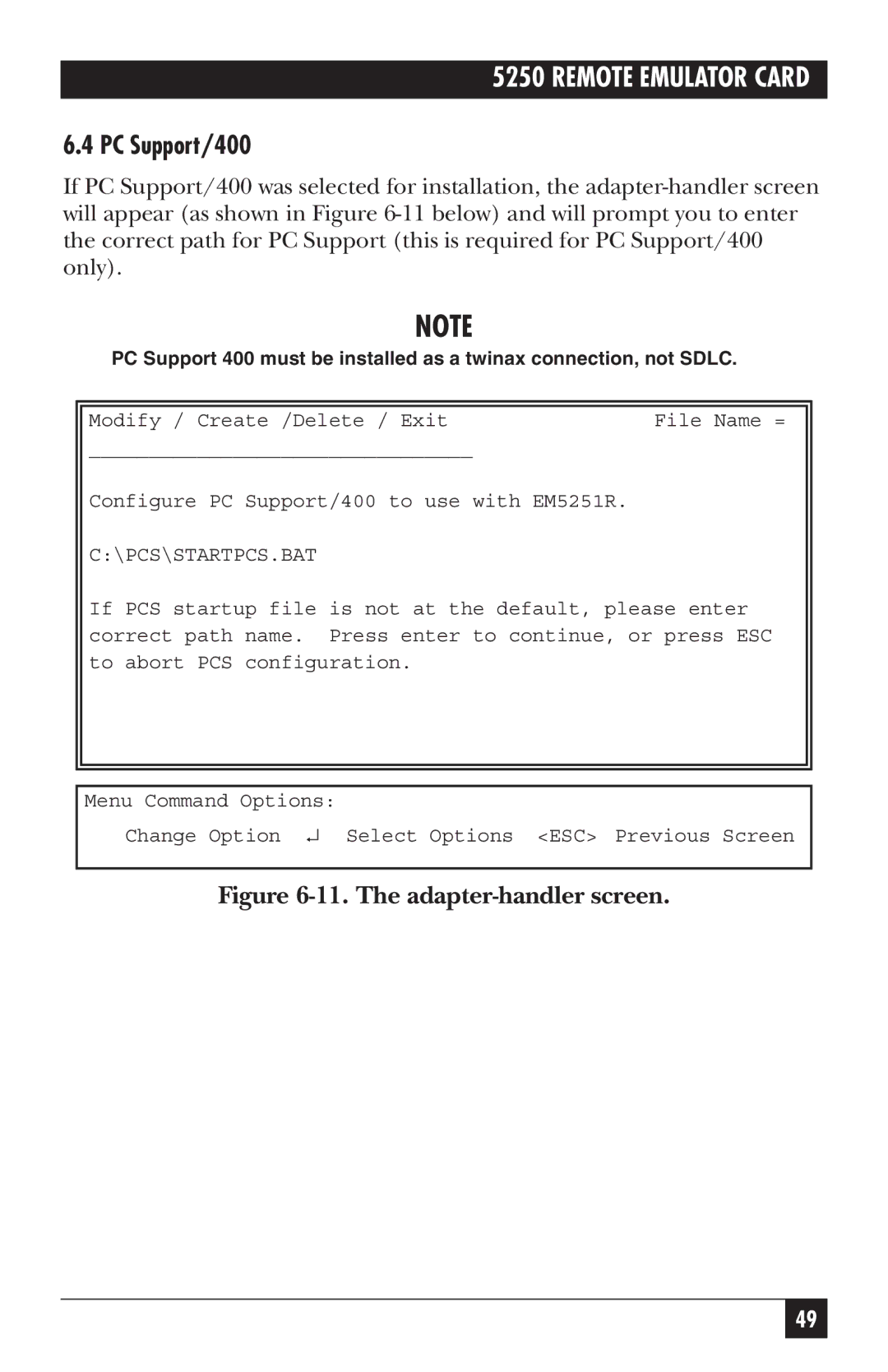 Black Box Remote Emulator Card, 5250 manual PC Support/400, The adapter-handler screen 