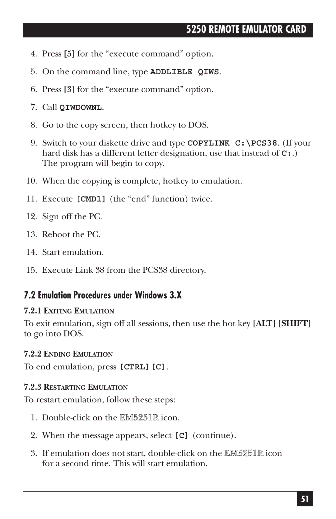 Black Box Remote Emulator Card, 5250 manual Emulation Procedures under Windows, Call Qiwdownl 