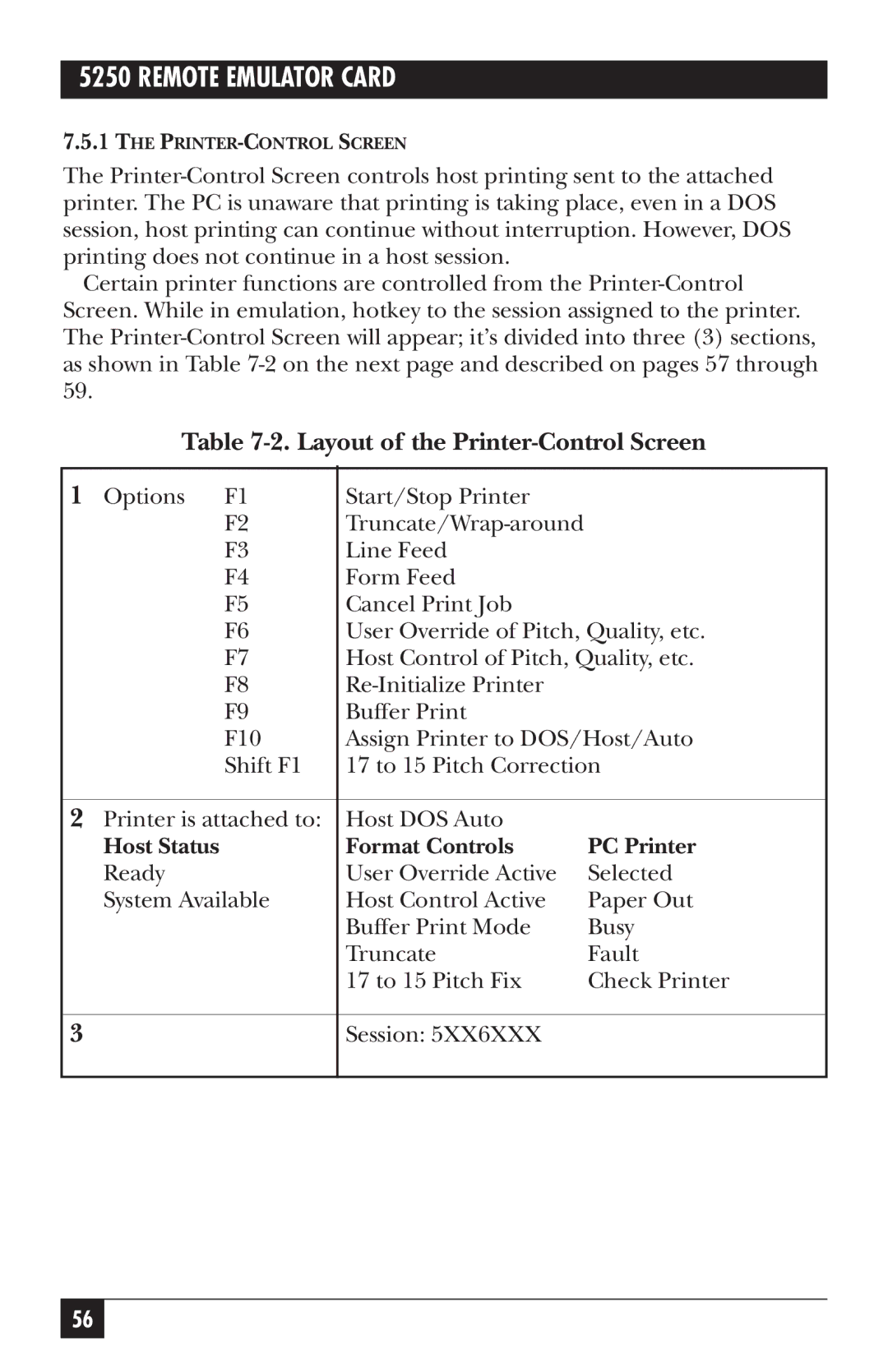 Black Box 5250, Remote Emulator Card manual Layout of the Printer-Control Screen, Host Status Format Controls PC Printer 