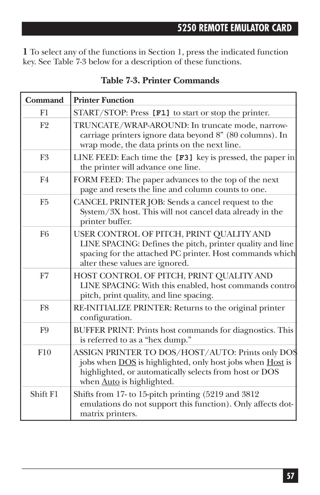 Black Box Remote Emulator Card, 5250 manual Printer Commands, Printer Function 