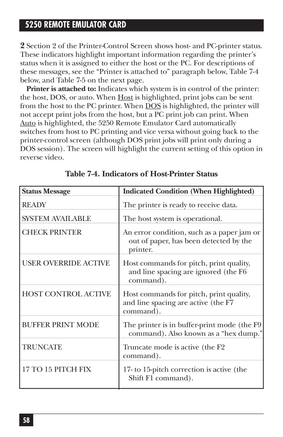Black Box 5250 manual Indicators of Host-Printer Status, Status Message Indicated Condition When Highlighted 