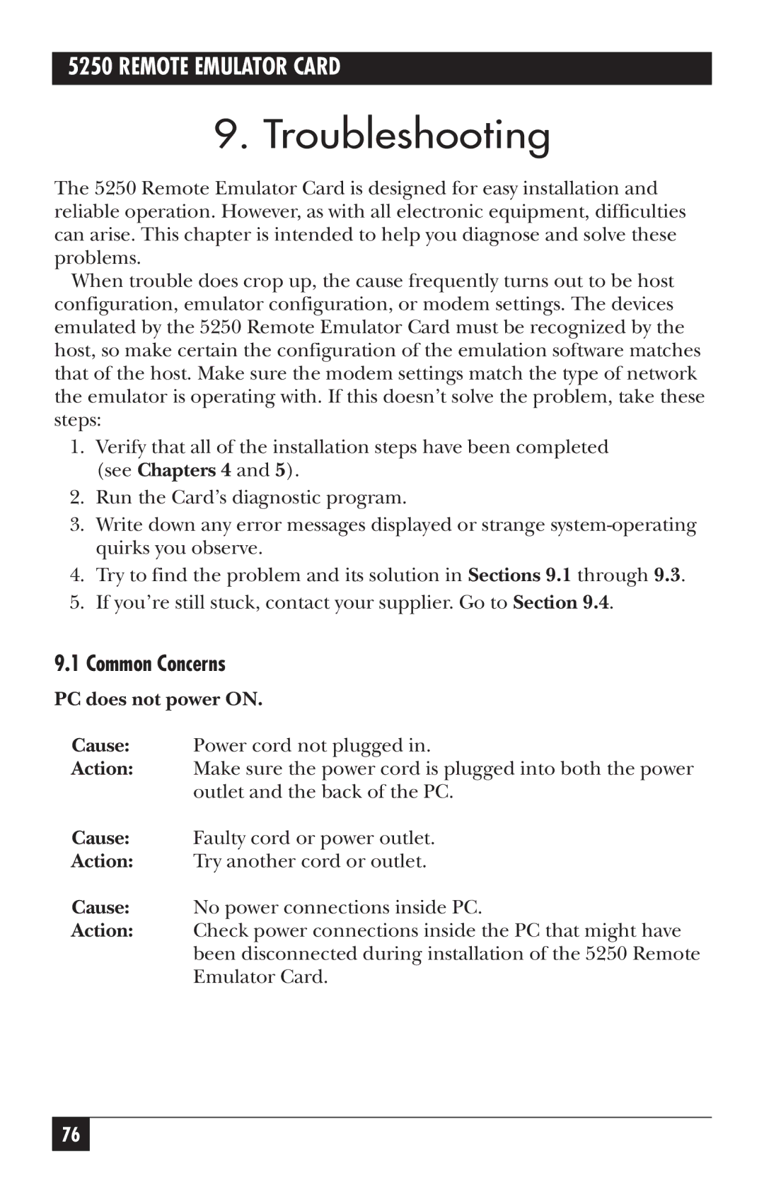 Black Box 5250, Remote Emulator Card manual Troubleshooting, Common Concerns, PC does not power on 