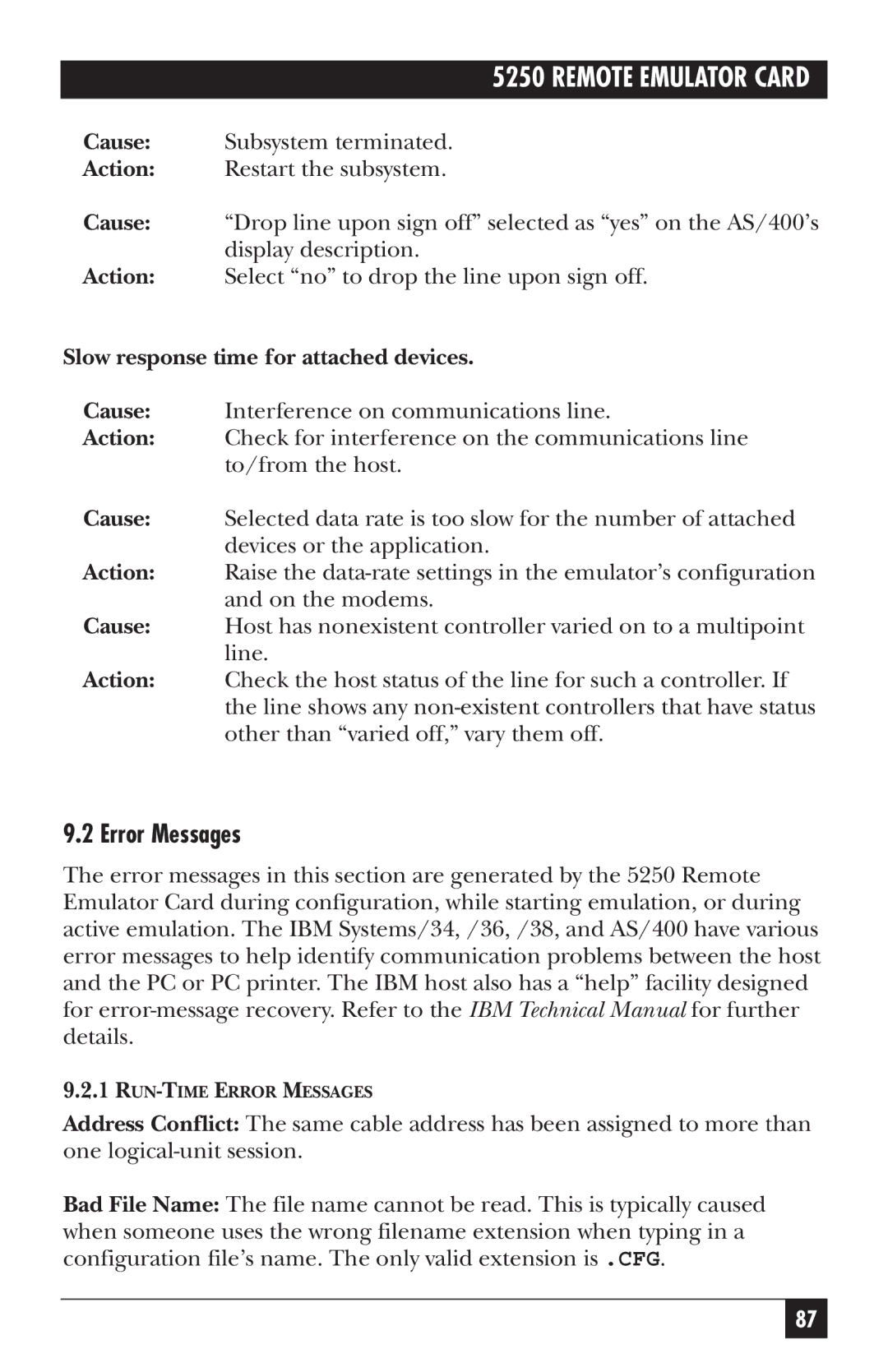 Black Box Remote Emulator Card, 5250 manual Error Messages, Slow response time for attached devices 