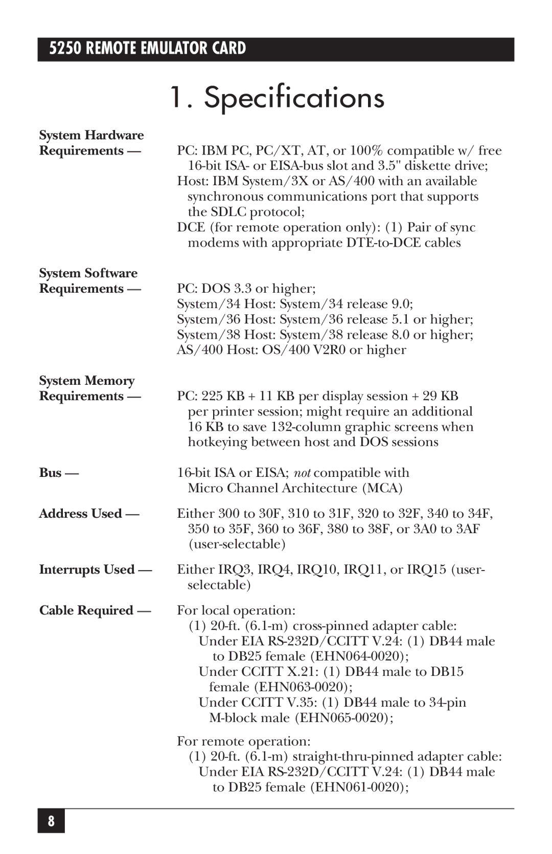 Black Box 5250, Remote Emulator Card manual Specifications, System Hardware Requirements 