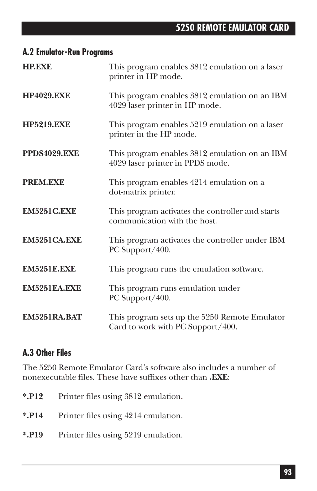 Black Box Remote Emulator Card, 5250 manual Emulator-Run Programs, Other Files, HP4029.EXE, HP5219.EXE 