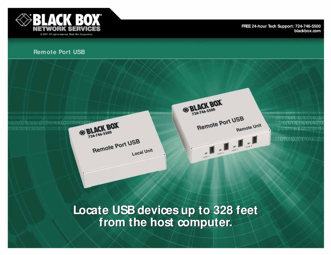 Black Box Remote Port USB manual Locate USB devices up to 328 feet, from the host computer 