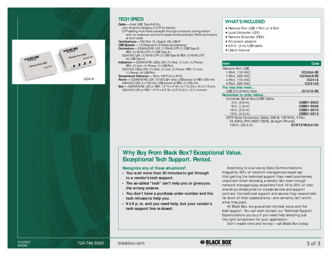 Black Box Remote Port USB manual Tech Specs, WHAT‘S Included 