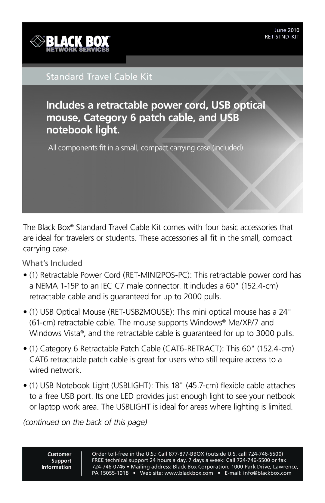 Black Box RET-STND-KIT manual What’s Included, On the back of this, Customer Support Information 