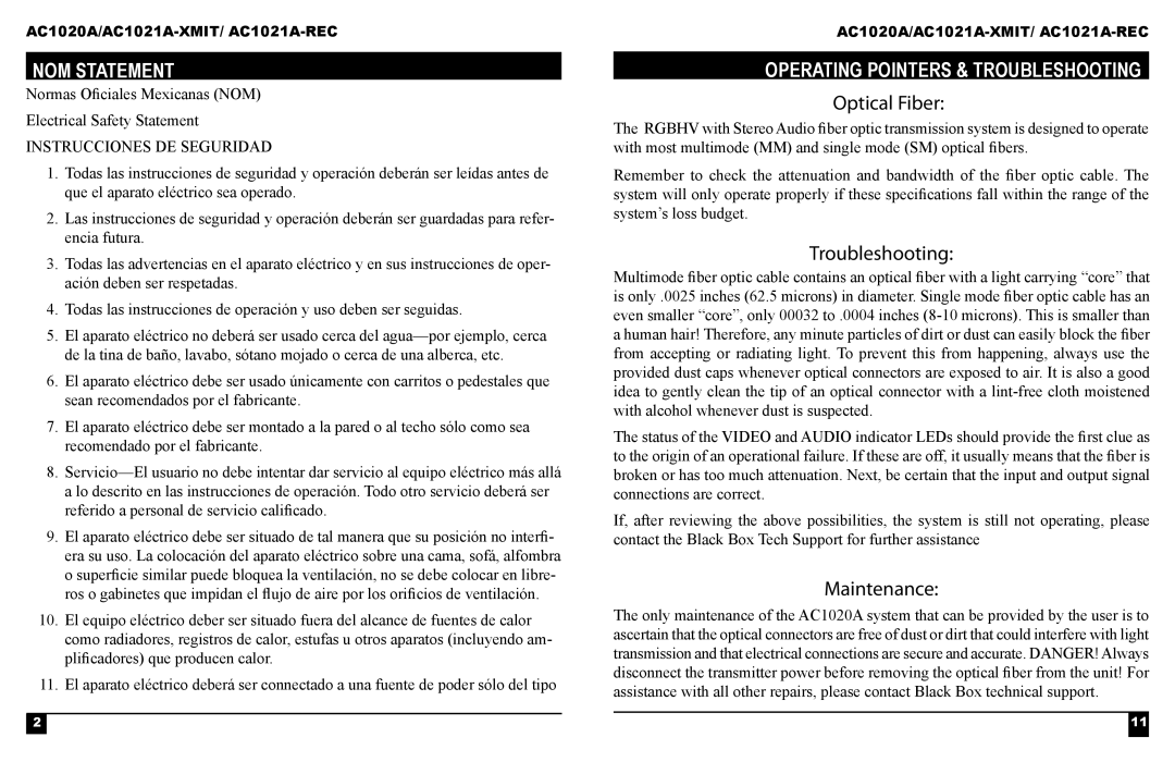 Black Box AC1021A-XMIT, AC1021A-REC manual NOM Statement, Operating Pointers & Troubleshooting, Optical Fiber, Maintenance 