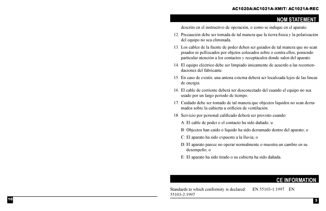 Black Box AC1021A-REC, AC1021A-XMIT, AC1020A manual Nom statement, CE Information 