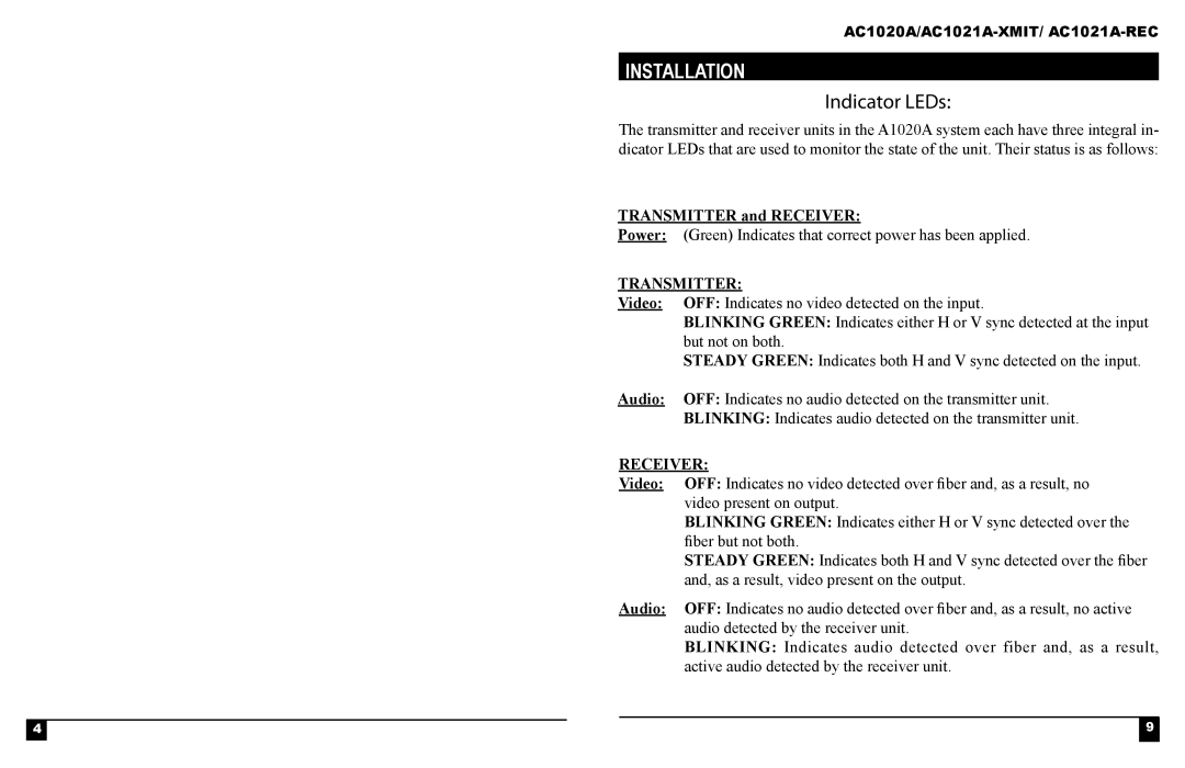 Black Box AC1020A, AC1021A-XMIT, AC1021A-REC manual Installation, Indicator LEDs, Transmitter and Receiver 