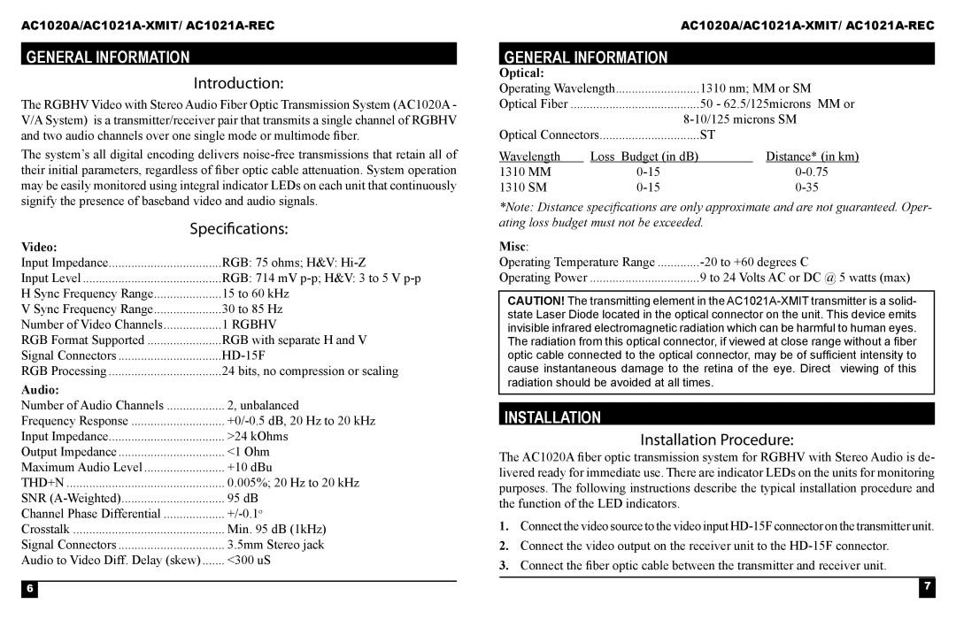 Black Box AC1021A-XMIT General Information, Introduction, Specifications, General information, Installation Procedure 