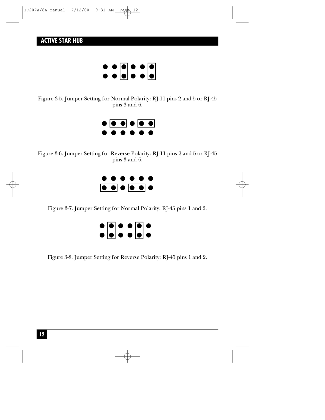 Black Box RJ-11 manual Jumper Setting for Normal Polarity RJ-45 pins 1 