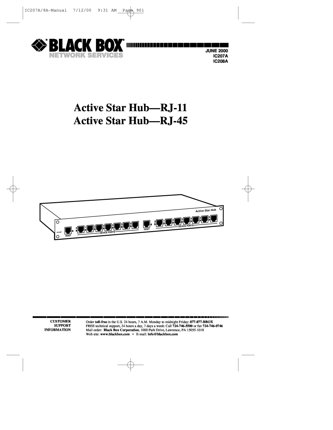 Black Box manual Active Star Hub-RJ-11 Active Star Hub-RJ-45, IC207A/8A-Manual7/12/00 9 31 AM Page, Customer, Support 