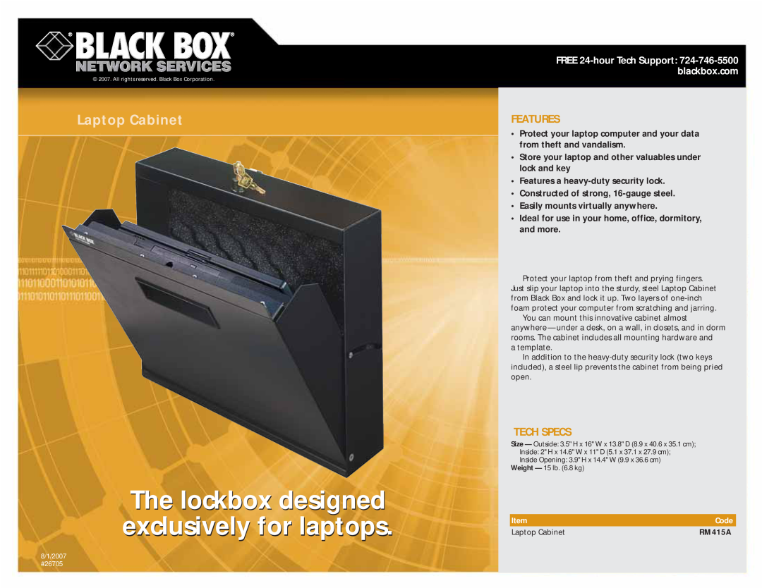 Black Box RM 415A manual The lockbox designed exclusively for laptops, Laptop Cabinet, Features, Tech Specs, Code, RM415A 