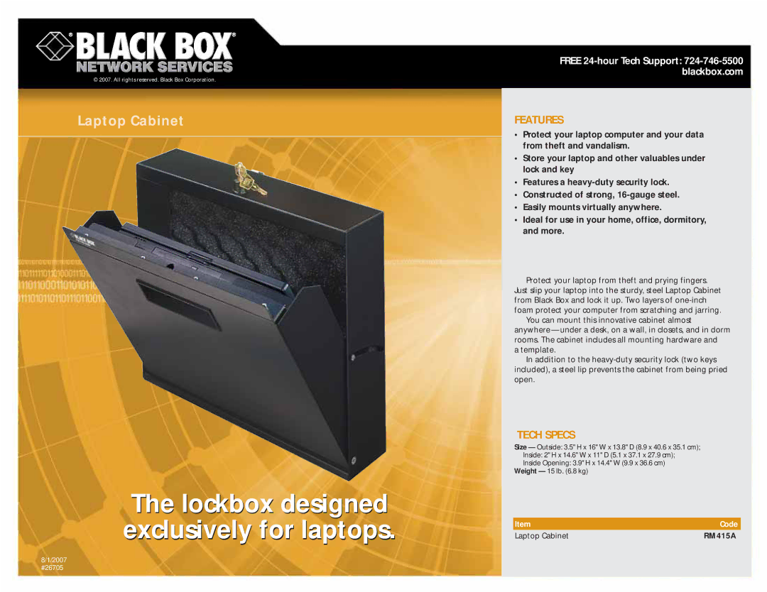 Black Box RM 415A manual Lockbox designed exclusively for laptops, Features, Tech Specs 