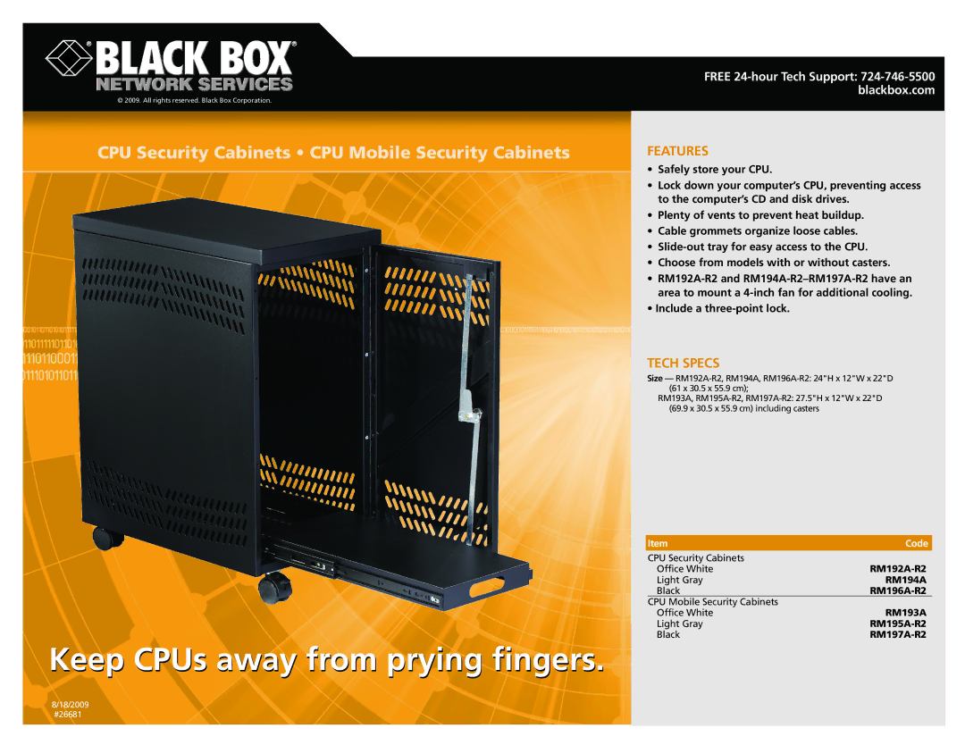 Black Box RM196A-R2, RM197A-R2, RM195A-R2, RM192A-R2 manual Keep CPUs away from prying fingers, Features, Tech Specs, Code 