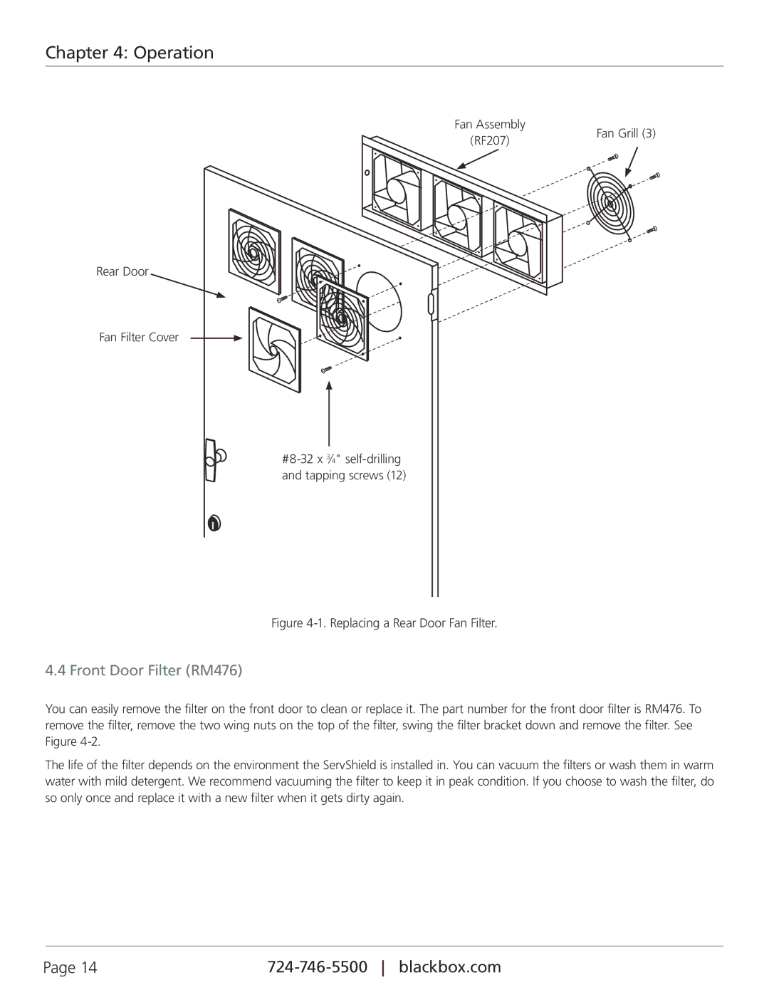 Black Box ServShield, RM475, RM399, RM470A-R3, RF207, RM3055 manual Front Door Filter RM476, Replacing a Rear Door Fan Filter 