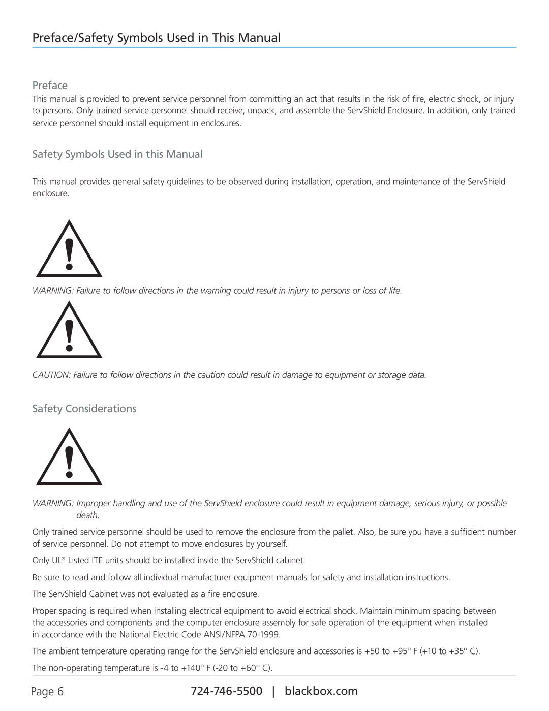 Black Box RM3055 Preface/Safety Symbols Used in This Manual, Safety Symbols Used in this Manual, Safety Considerations 