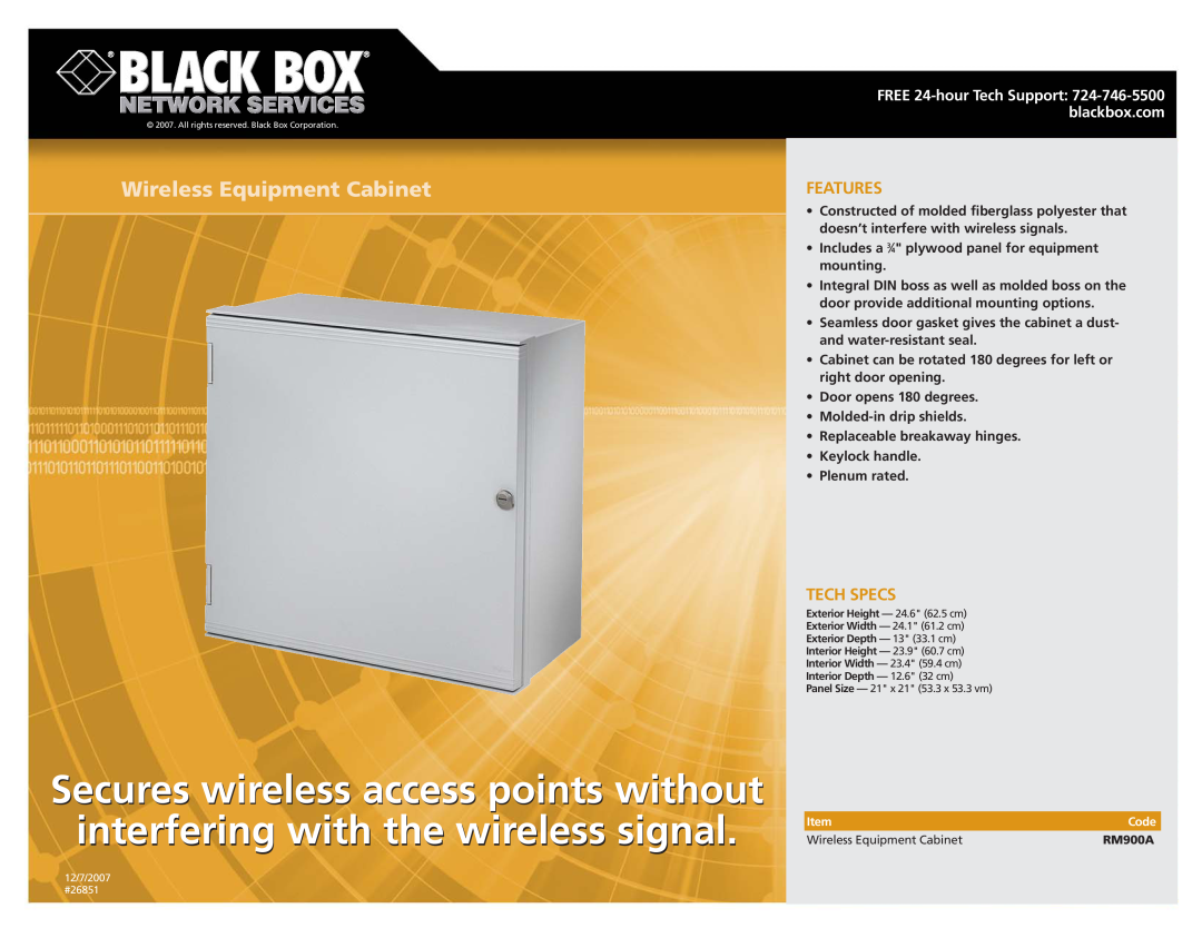 Black Box RM900A manual Wireless Equipment Cabinet, Features, Tech Specs 