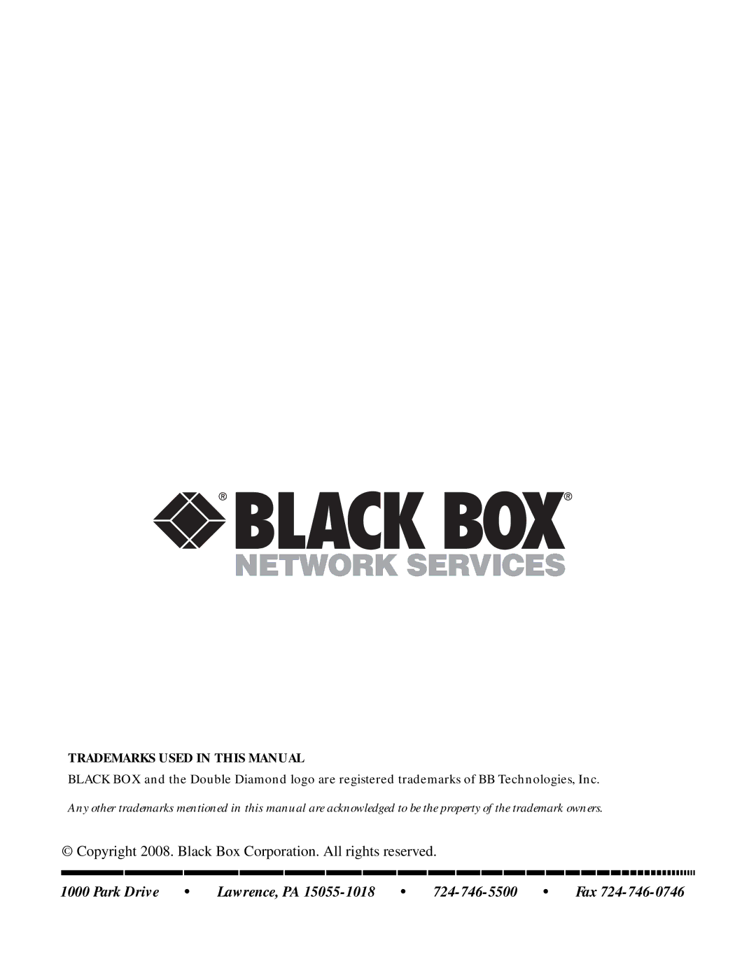 Black Box RMT048, RMT052, Flushmount Wall Bracket manual Trademarks Used in this Manual 