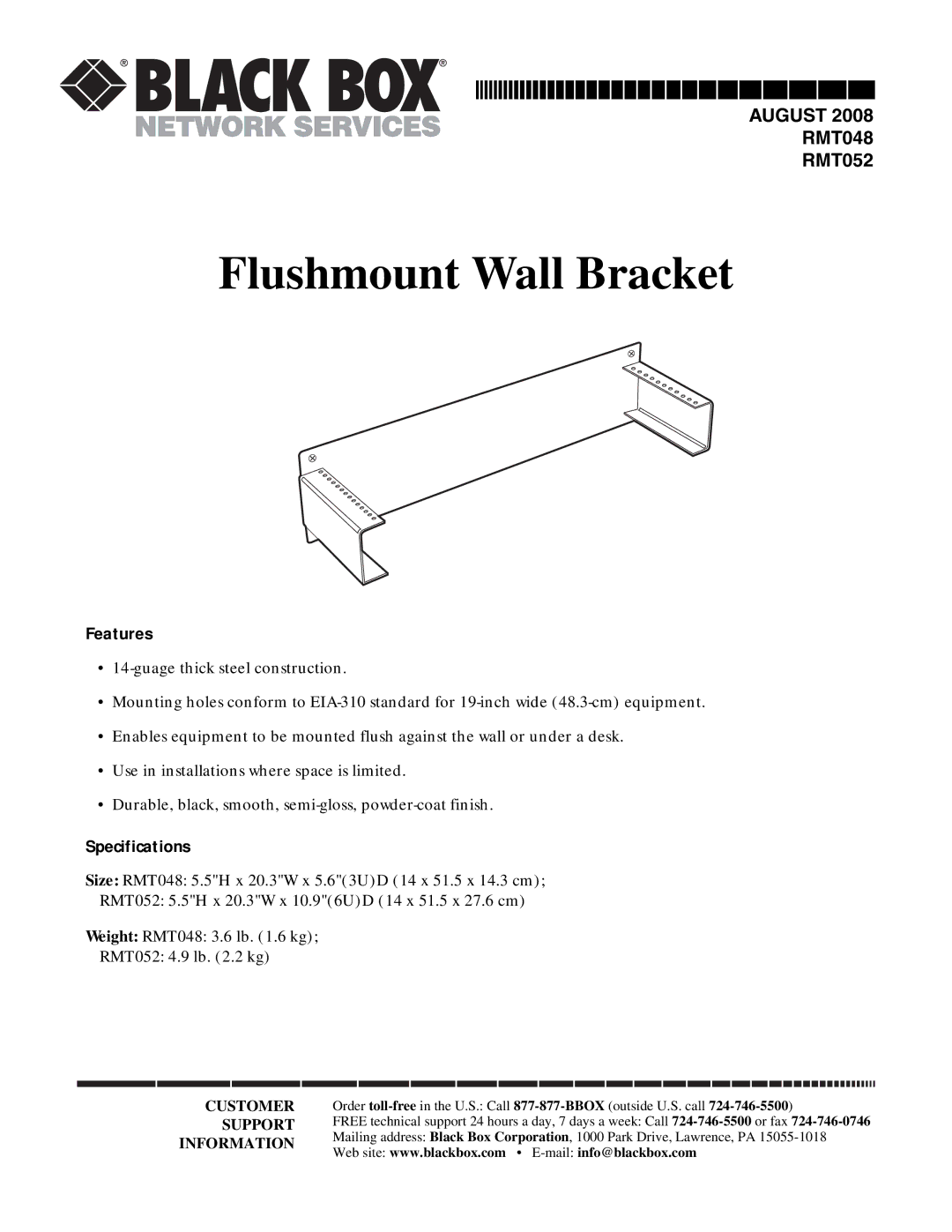 Black Box Flushmount Wall Bracket, RMT052, RMT048 manual Features, Specifications 