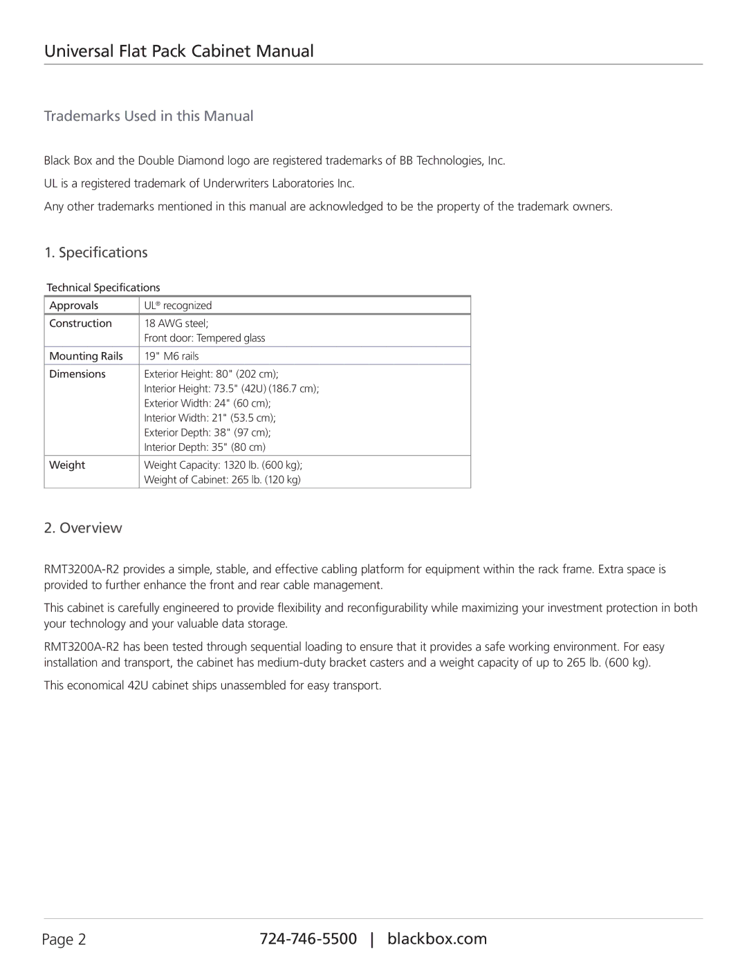 Black Box RMT3200A-R2, Universal Flat Pack Cabinet manual Specifications, Overview 