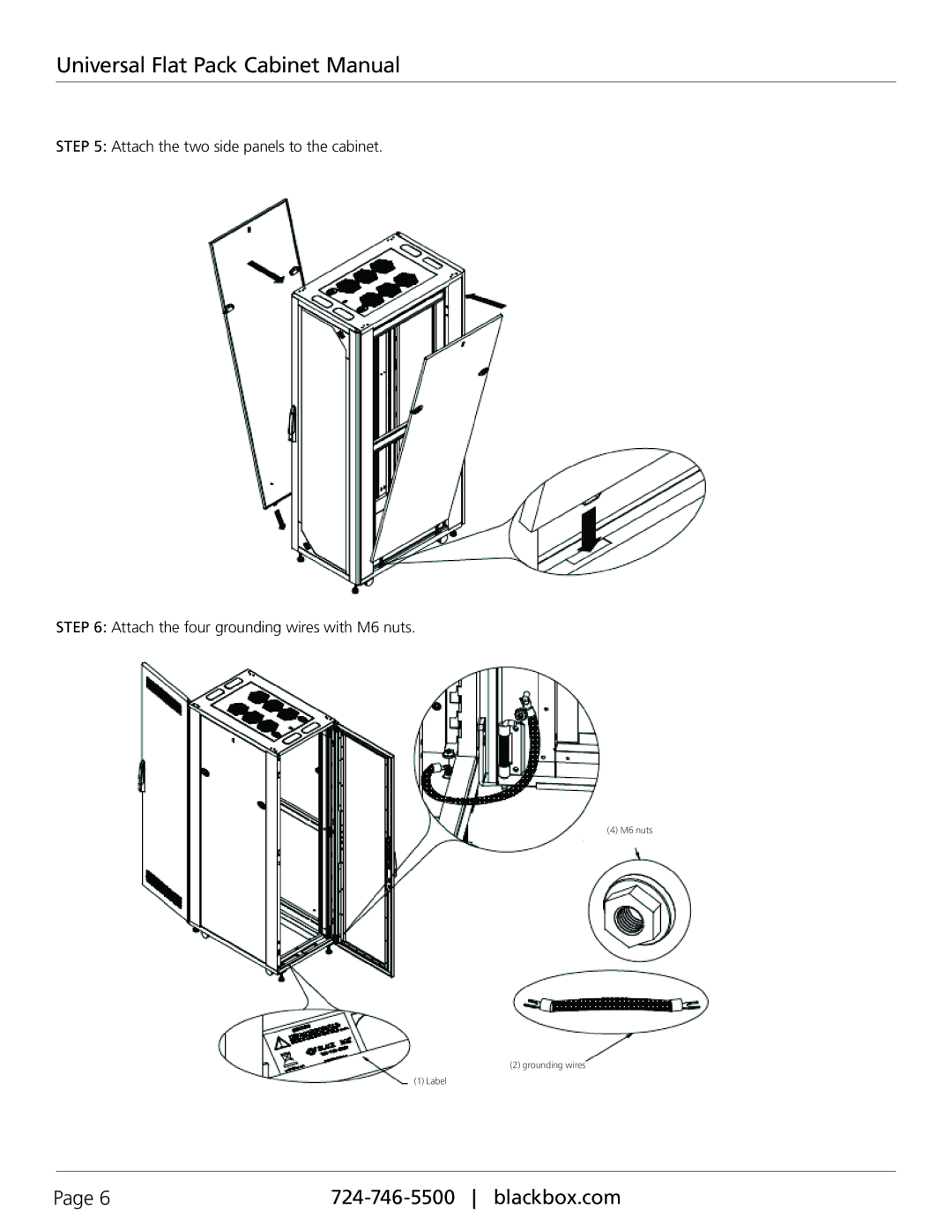 Black Box RMT3200A-R2, Universal Flat Pack Cabinet manual M6 nuts Grounding wires Label 