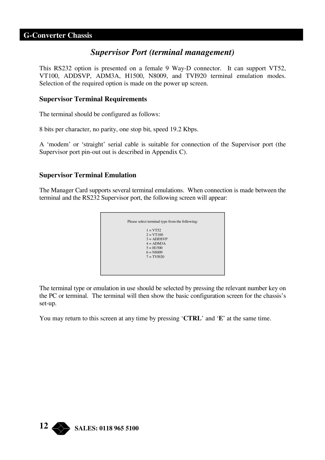 Black Box RMU200 Supervisor Port terminal management, Supervisor Terminal Requirements, Supervisor Terminal Emulation 