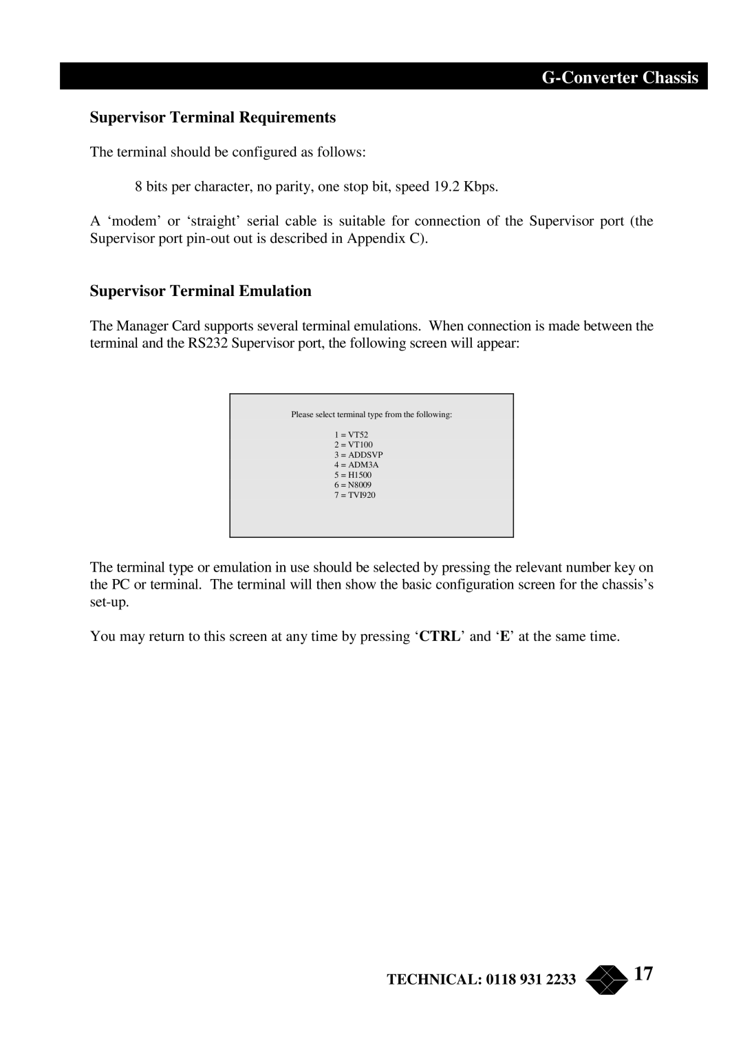 Black Box RMU200 manual Supervisor Terminal Requirements 