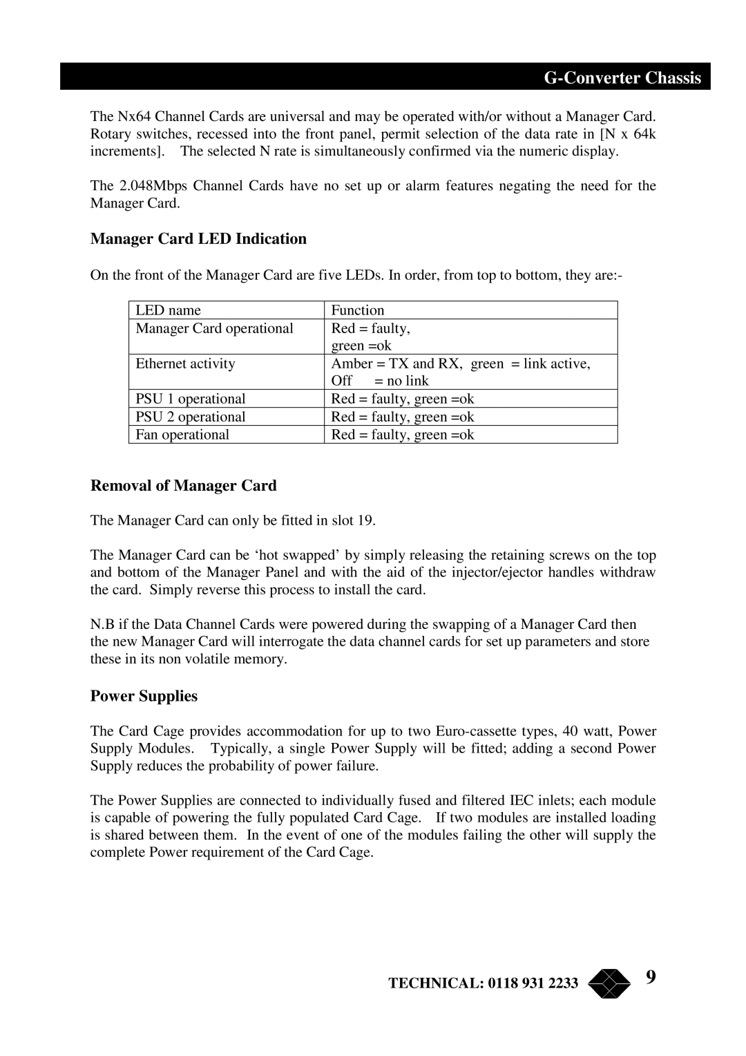 Black Box RMU200 manual Manager Card LED Indication, Removal of Manager Card, Power Supplies 