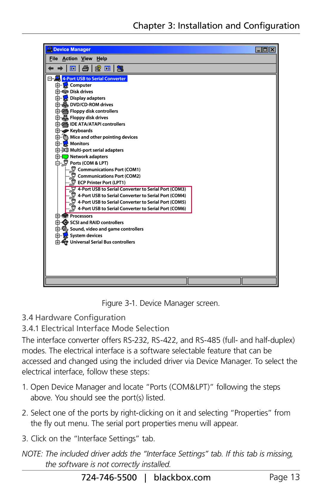 Black Box 422, RS-232, 485 manual Device Manager screen, Hardware Configuration Electrical Interface Mode Selection 