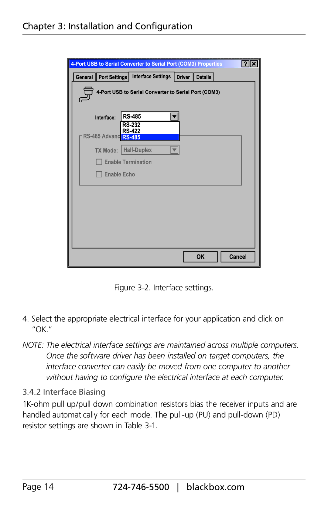 Black Box 485, RS-232, 422, Black Box Interface Converter, 4-Port manual Interface Biasing 