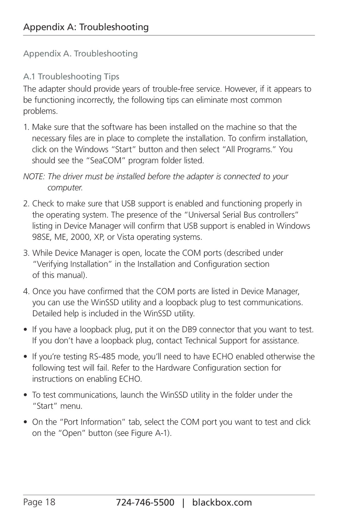 Black Box 485, RS-232, 422 manual Appendix a Troubleshooting, Appendix A. Troubleshooting Troubleshooting Tips 