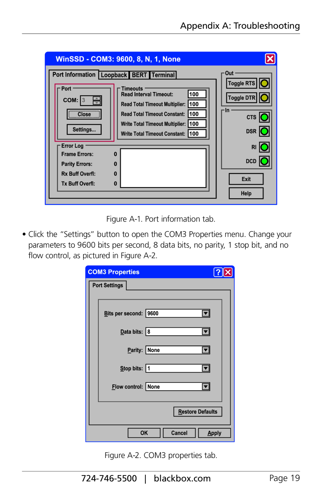 Black Box Black Box Interface Converter, 4-Port, RS-232, 422, 485 manual Figure A-2. COM3 properties tab 